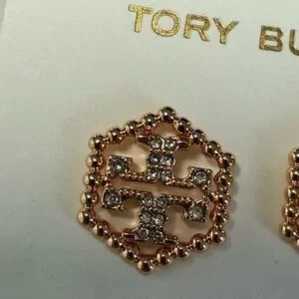 Tory Burch New Milgrain Hex Pavé Rose Gold Stud Earrings